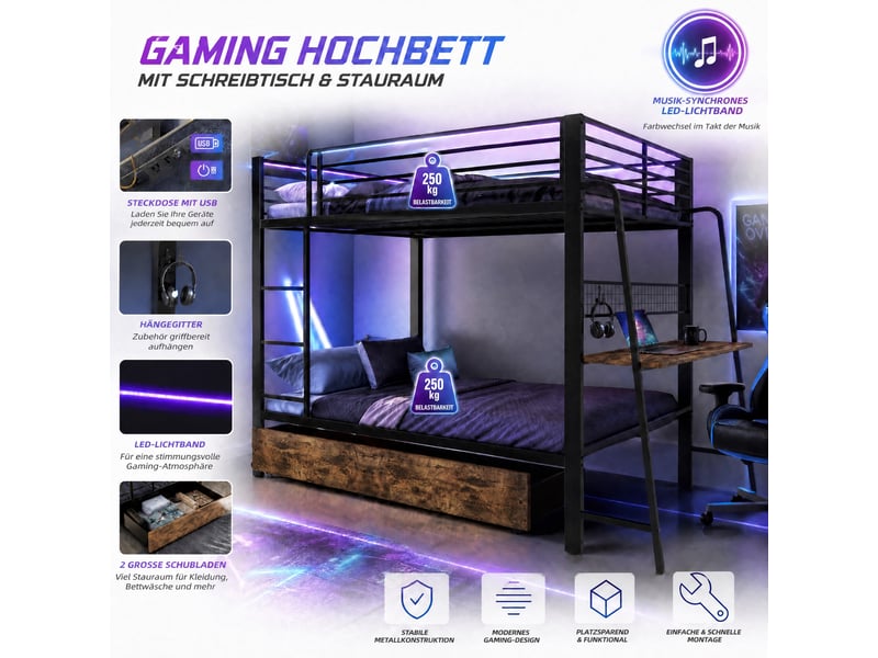  Lit mezzanine 2 places 200×140 cm, bureau et 2 tiroirs - okmyhome- led réglable, prises usb et type-c, sans matelas  - Conforama E