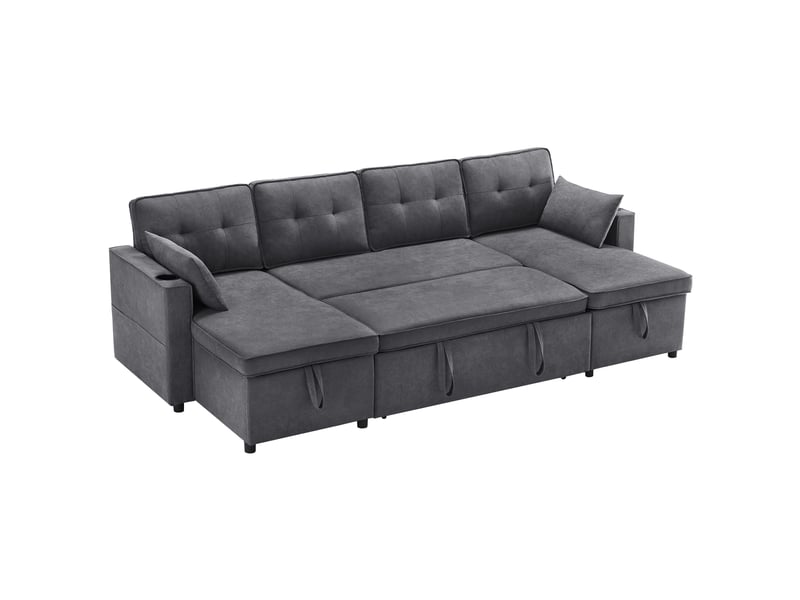 Canapé d’angle convertible en u 4 places 270x130x86 cm en coton et lin, avec coffres latéraux, 2 porte-gobelets, poche et 2 coussins - Conforama A