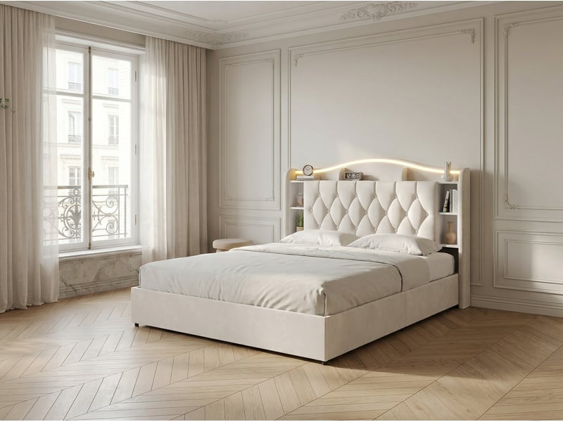  Lit coffre  140x200cm avec led et usb - tête de lit avec rangement -velours  - Conforama D
