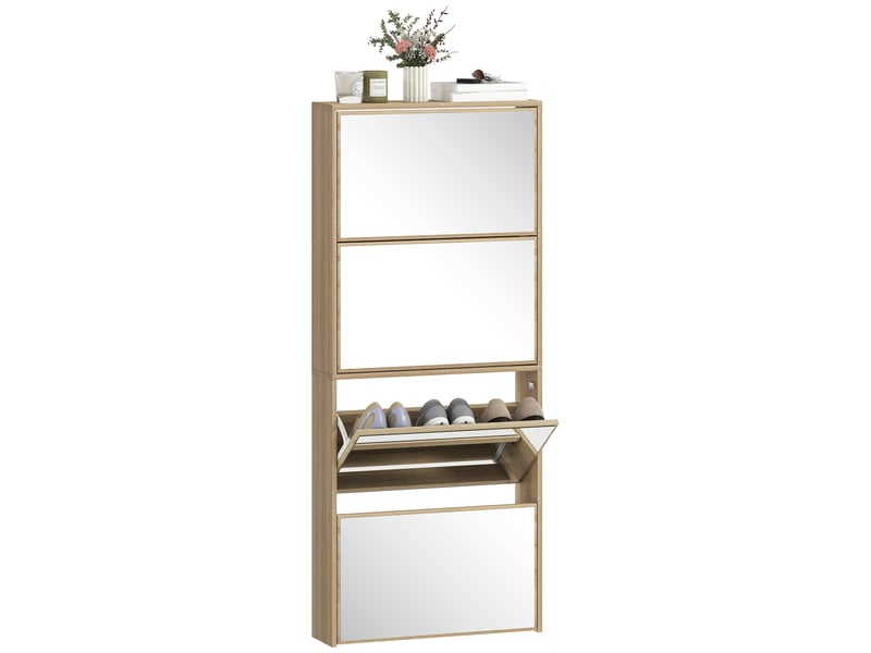  Meuble à chaussures étroit avec miroir et 4 portes battantes pour 12 paires de chaussures, 63 x 17 x 146 cm, naturel  - Conforama A