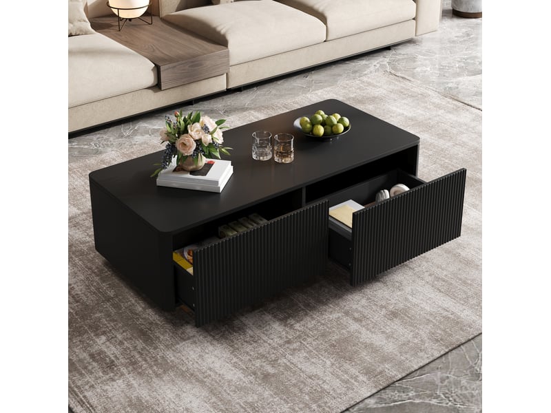  Table basse 110x50x35 cm avec 2 tiroirs et façade rainurée noir  - Conforama E