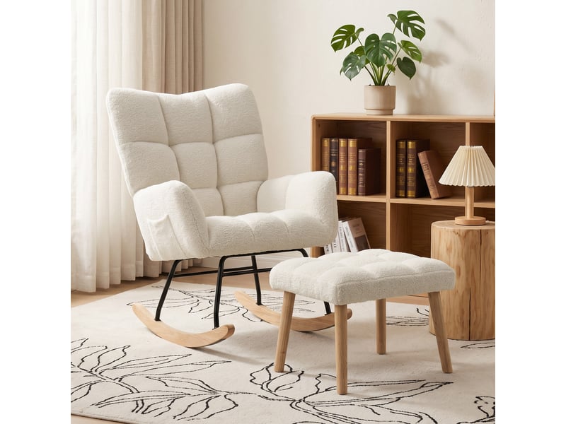 Fauteuil à bascule sherpa avec repose-pieds, poches latérales, assise épaisse et matelassage, couleur crème - Conforama C