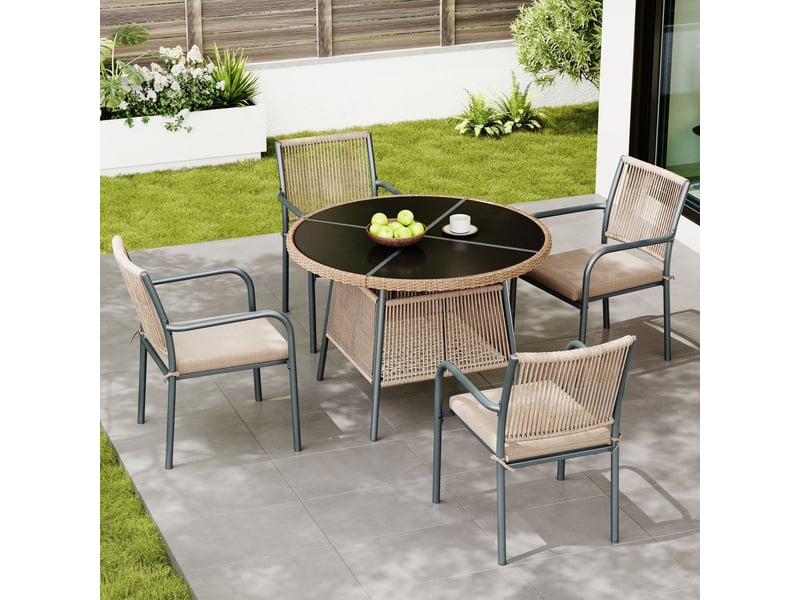  Salon de jardin 5 pièces, ensemble salon de jardin avec table ronde en verre trempé et 4 fauteuils, structure en fer, coussins inclus  - Conforama B