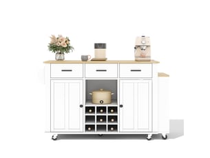 Îlot de cuisine avec plateau extensible 3 tiroirs et 7 roulettes 136-223x50x93 cm