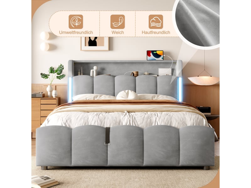  Lit coffre 140×200 cm - 2 places pour adulte - éclairage led - tête de lit avec compartiment - rangement hydraulique  - Conforama R