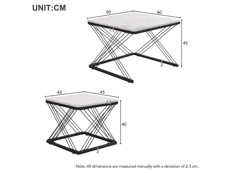  Tables basses gigognes carrées avec pieds réglables et finition marbre brillant, en mdf, blanc et noir pour salon  - Conforama D