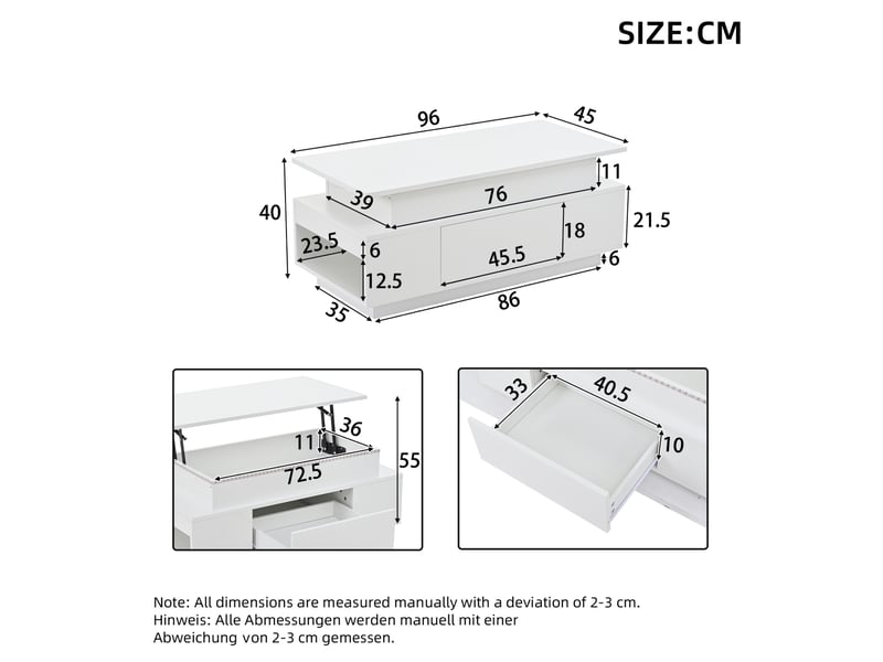  Table basse 96x45x40 cm plateau relevable led panneau de particules blanc  - Conforama C