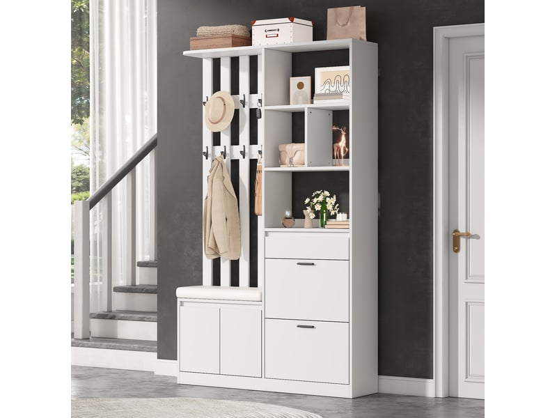  Meuble d'entrée avec banc rembourré, 2 portes, 2 abattants à chaussures, tiroir et 10 crochets, blanc, 120 × 30 × 200 cm  - Conforama C
