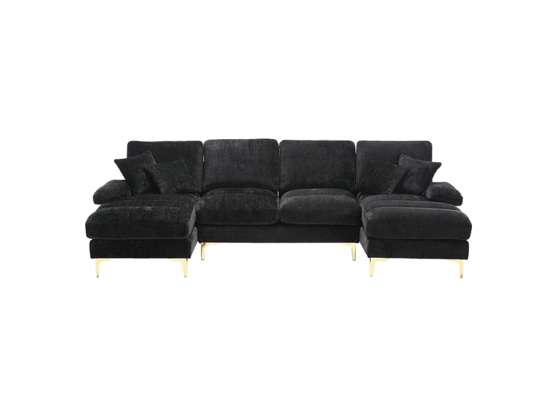 Canapé en u en chenille noir 272x136x88 cm avec deux méridiennes et pieds métal dorés - Conforama A