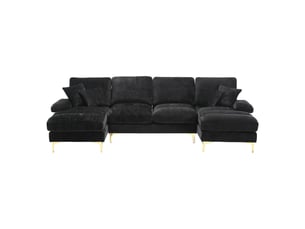 Canapé en u en chenille noir 272x136x88 cm avec deux méridiennes et pieds métal dorés