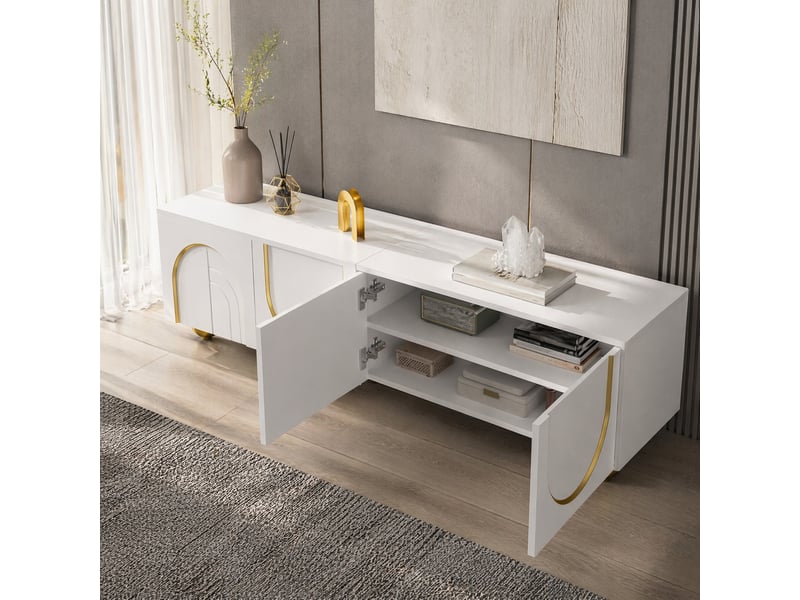  Meuble tv 170 cm blanc et doré, 4 portes, pieds dorés, ouverture push-open  - Conforama B