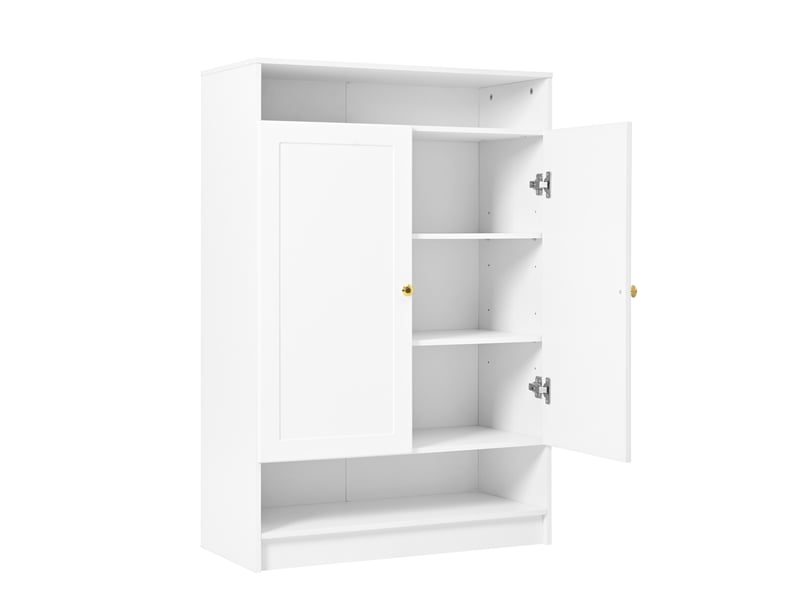  Meuble à chaussures 146x34x109 cm, 2 portes, étagères réglables, panneau de particules et métal, blanc  - Conforama D