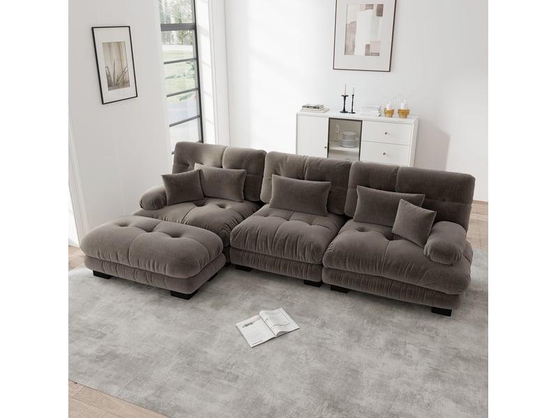  Canapé d'angle ulevr modulaire 3 places avec ottomans mobiles, chenille marron, 313 x 145 x 81 cm  - Conforama E