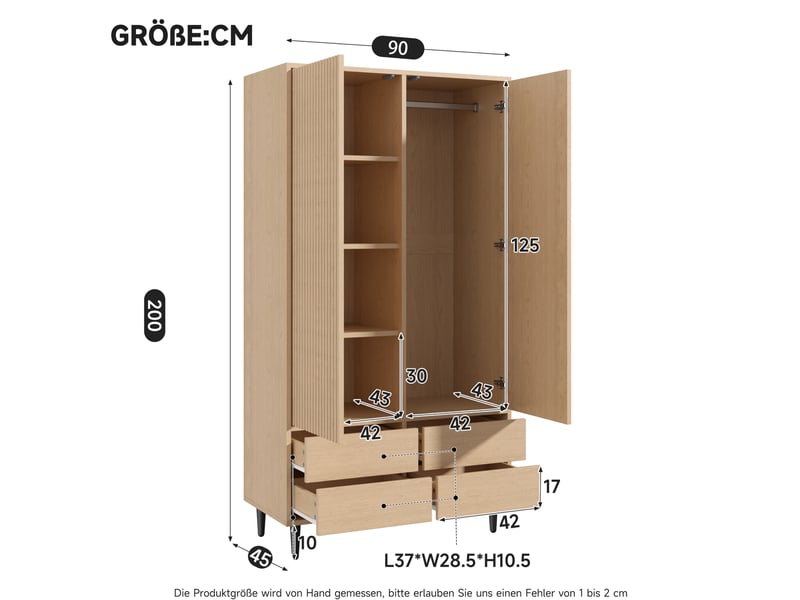  Armoire modenvie 2 portes avec miroir 90 x 45 x 200 cm, 4 tiroirs, penderie et 4 compartiments, aspect chêne  - Conforama C