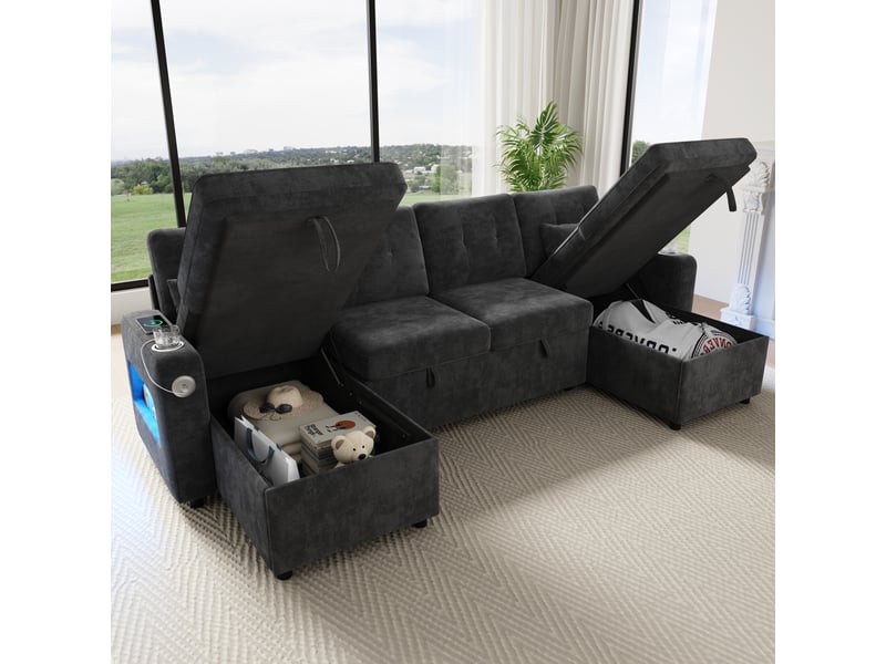  Canapé d’angle convertible u 4-5 places 266 cm, double méridienne, rangements, usbusb-c, porte-gobelets, led 3 couleurs, chenille gris Morn Vibe - Conforama C