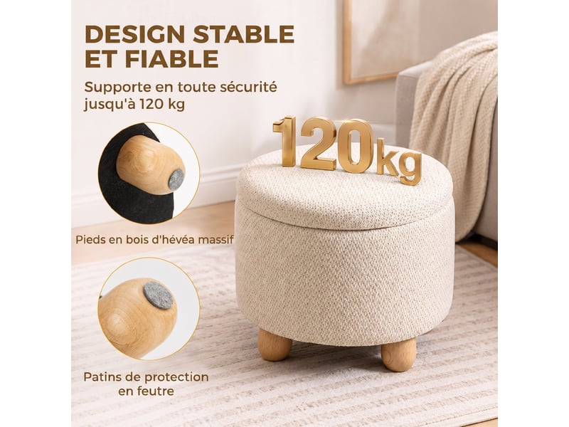  Pouf coffre de rangement rond en toile de jute, repose-pieds avec couvercle, beige, pieds bois hévéa  - Conforama W