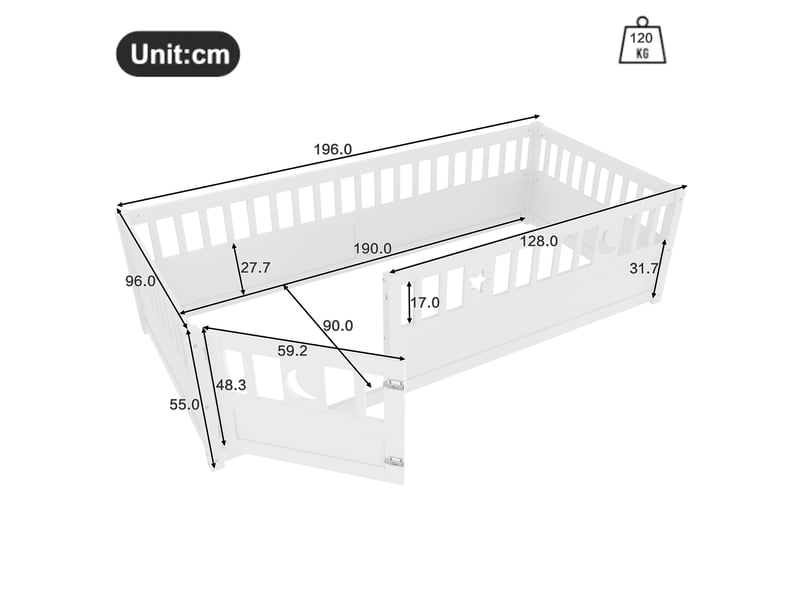  Lit enfant à barrières 90x190 cm en pin blanc avec décor étoiles et lune  - Conforama C
