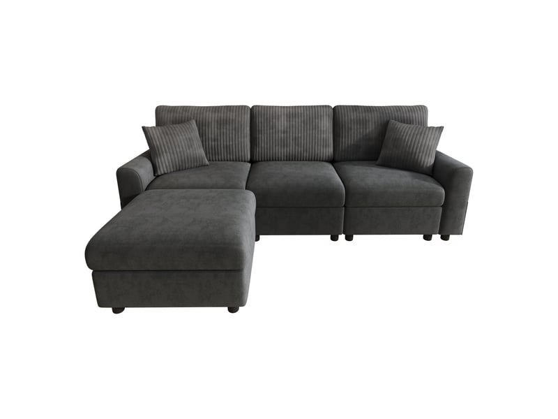  Canapé d'angle modulable 4 places 223 cm noir, chenille et velours côtelé, pouf mobile et usb-c Fay Lum - Conforama A
