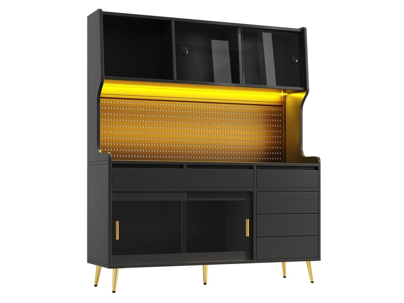 Armoire moderne avec éclairage led contrôlable par application, tiroir, étagères rangement, panneau perforé, 145x39x171 cm, noir - Conforama A
