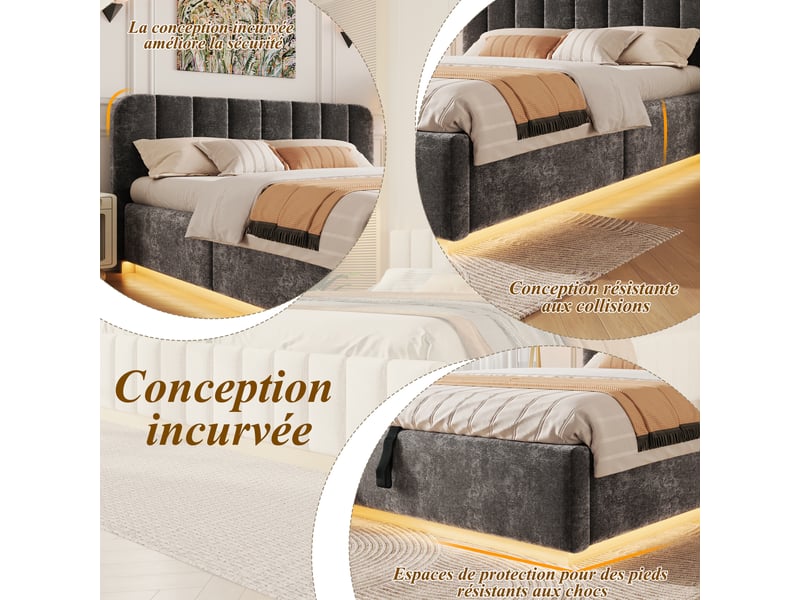  Lit coffre 140x200 cm anthracite, tissu chenille, sommier relevable hydraulique, led contrôlée par appli, sommier à lattes inclus  - Conforama E