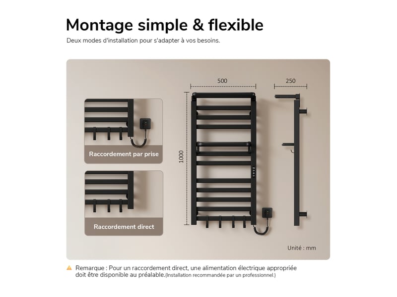  Sèche-serviettes électrique connecté wifi emke 1000x500 mm avec étagère pliable, écran led, programmable, 280 w, noir mat  - Conforama E