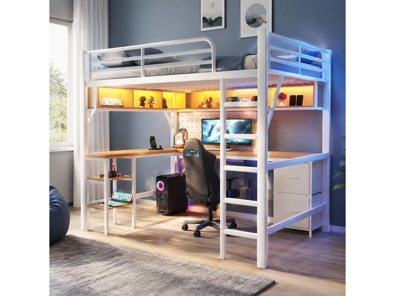  Lit mezzanine 140x200 cm, bureau intégré, usb, avec éclairage led, bibliothèque, espaces de rangement, structure métal+mdf, blanc, sans matelas  - Conforama B