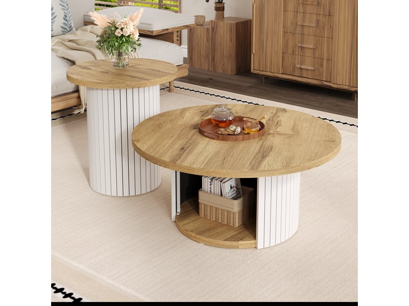 Table basse ronde double style scandinave naturel, ensemble modulable pour salon avec lattes verticales, mdf - Conforama B