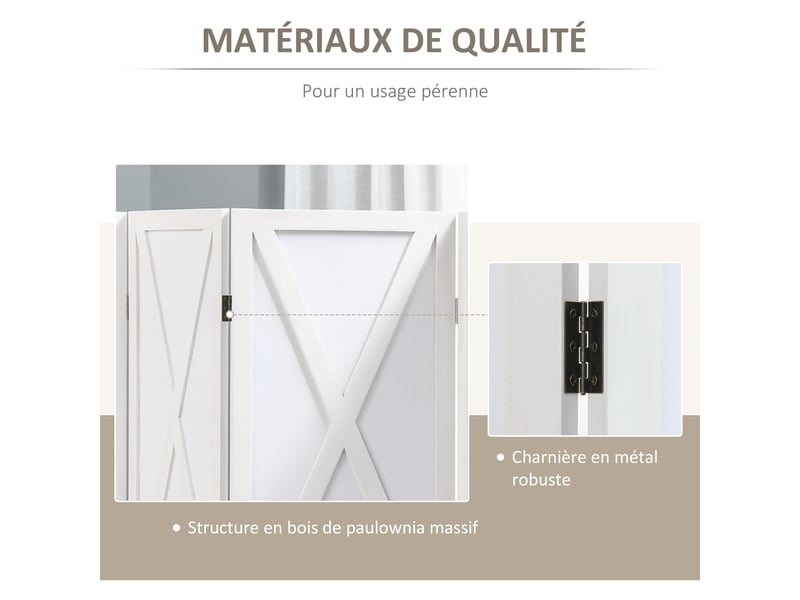 Paravent intérieur 4 panneaux style campagnard chic - bois de paulownia blanc - séparateur de pièce avec croisillons - Conforama E
