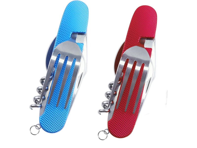  Lot de 2 couverts de camping - couverts pliant 6 en 1 pour voyage (couteau, fourchette, cuillère, tire bouchon, perceuse, couteau en aluminium)  - Conforama A