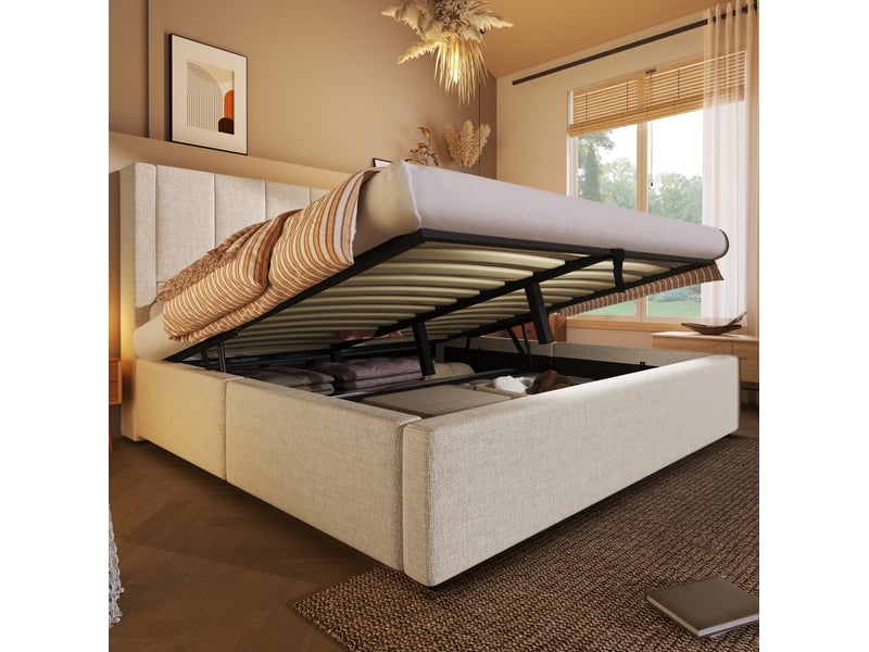  Lit coffre 140x190 cm en lin beige avec station de charge et sommier à lattes  - Conforama B