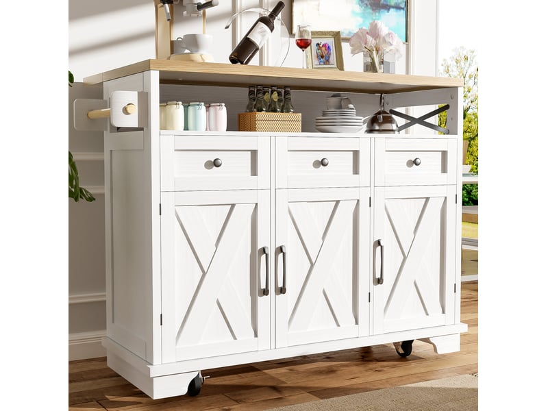  Îlot de cuisine à roulettes 118 x 43 x 98 cm, plateau rabattable, blanc  - Conforama E