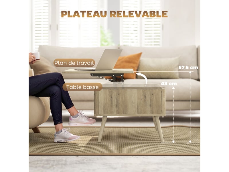  Table basse relevable, table de salon avec 2 compartiments cachés et pieds en pin, chêne, 91 x 56 x 43 cm  - Conforama D