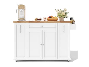 Desserte de cuisine mobile 120x70x87 cm blanche et bois clair en mdf, plateau rabattable et rangements intégrés