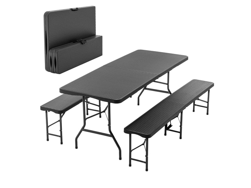  Table de pique-nique pliante avec 2 bancs 180 x 74 cm noire, plateau hdpe, pour 6 personnes en extérieur  - Conforama D