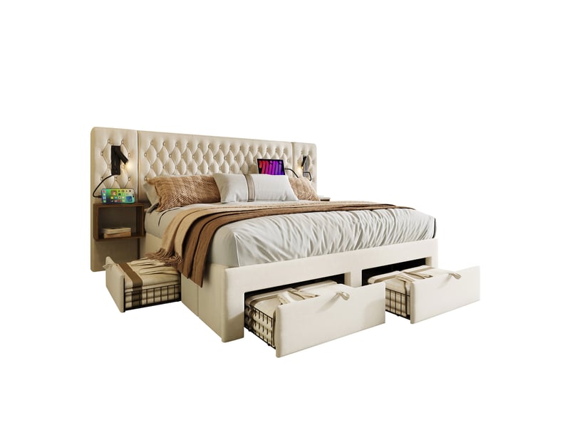  Lit 2 personnes 160x200 cm avec 2 tables de chevet et 4 tiroirs, tête de lit en velours avec lampe de lecture et recharge usb, beige  - Conforama B