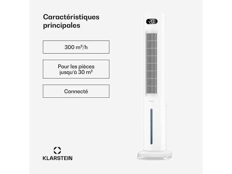 Klarstein polar rafraîchiseur d'air à eau connecté 300 m³h 5l 30 m² 3 modes 75w blanc  - Conforama B