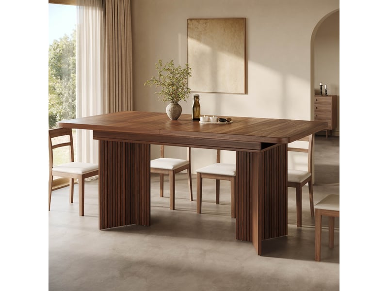  Table à manger extensible rectangulaire 120-160x80x76,1 cm, pieds en v rainurés, mdf et métal, noyer  - Conforama B