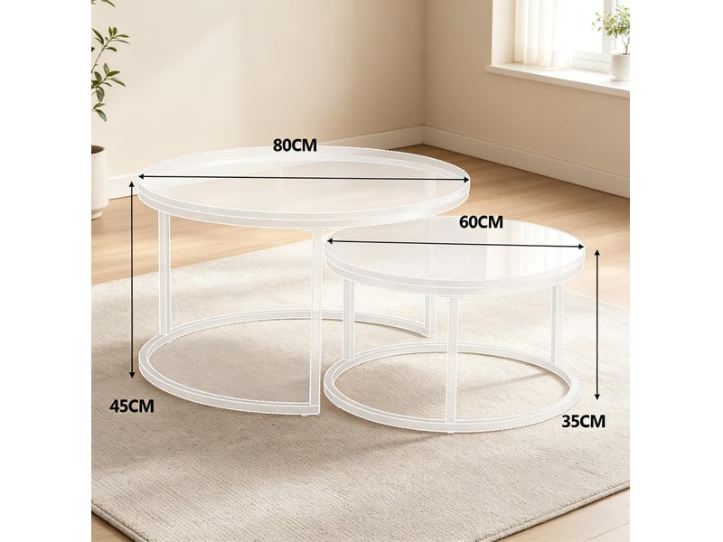  Table basse ronde gigogne 80 x 80 x 45 cm et 60 x 60 x 35 cm en mdf et métal, empilable pour rangement, blanc chicfurn  - Conforama D