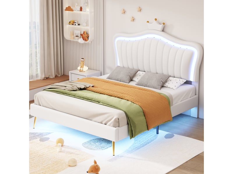  Lit enfant 140 × 200 cm 2 places avec led réglable et tête de lit couronne, sans matelas, rembourré blanc  - Conforama C