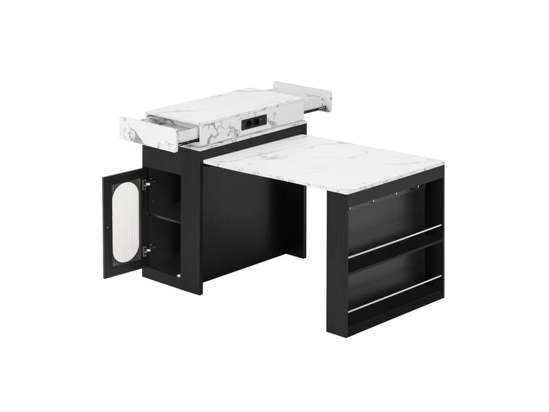 Îlot de cuisine extensible à roulettes avec prises et rangement noir - Conforama A