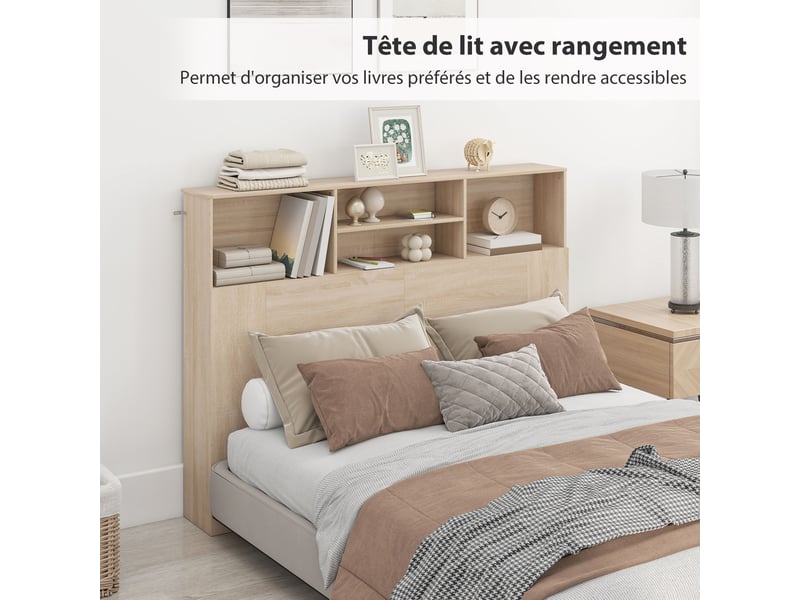  Tête de lit sur pied avec rangements, accessoire de lit 4 compartiments ouverts, 140 x 19 x 103,5 cm, effet bois naturel  - Conforama D