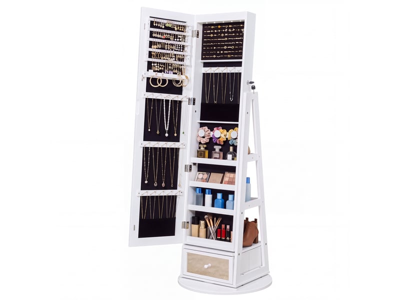  Armoire à bijoux miroir sur pied avec rangement pivotant à 360° verrouillable 48,5 x 48,5 x 152,3 cm blanc et noir  - Conforama A