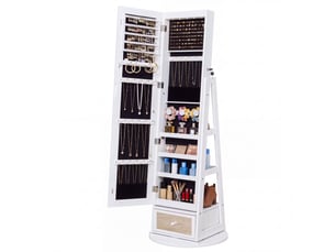 Armoire à bijoux miroir sur pied avec rangement pivotant à 360° verrouillable 48,5 x 48,5 x 152,3 cm blanc et noir
