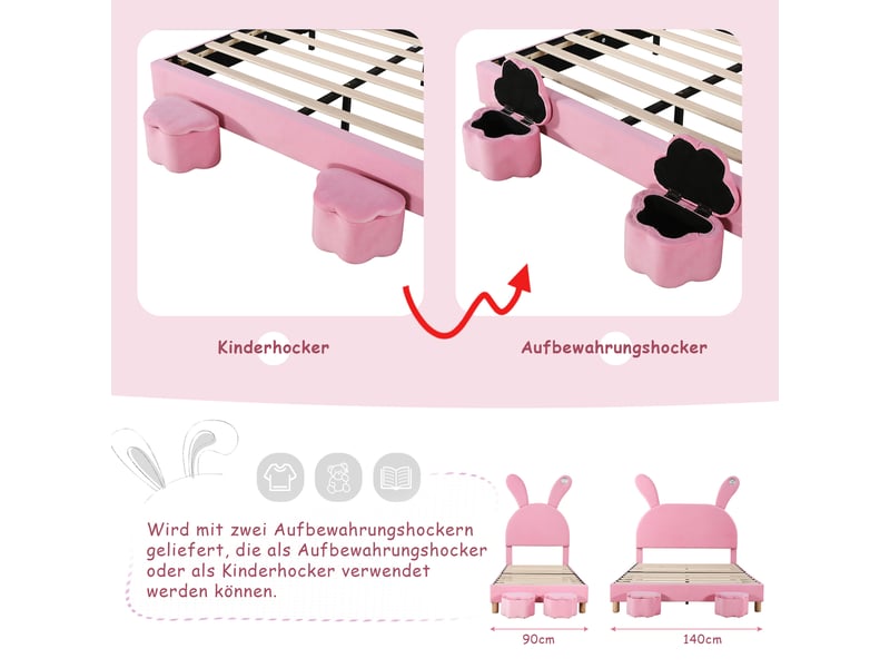  Lit enfant 90x200 cm avec led, 2 tabourets et oreilles de lapin rabattables, sommier inclus, velours, rose, sans matelas  - Conforama D