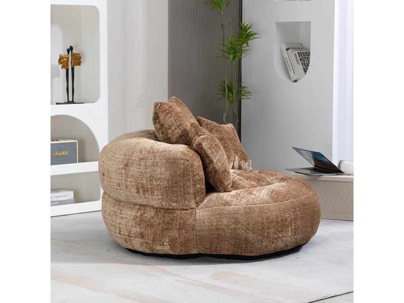 Fauteuil pouf en chenille, dossier haut avec accoudoirs enveloppants et assise spacieuse, pour salon et chambre, marron - Conforama C