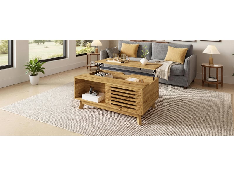  Table basse relevable style moderne rétro avec porte à rideau coulissante, rangement intégré, structure mdf effet bois, meuble multifonction pour salon OPULERANE TRADING LTD - Conforama C