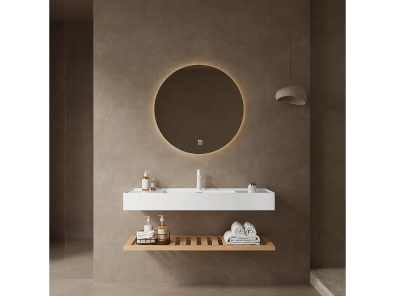  Meuble vasque suspendu 120 cm, vasque rectangulaire intégrée en résine blanche, blanc et bois naturel  - Conforama B