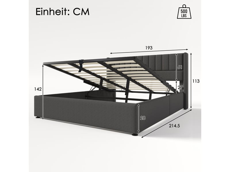  Lit coffre 180x200cm sommier inclus - lit rembourré - lin gris, tête de lit confortable, grand espace de rangement  - Conforama C