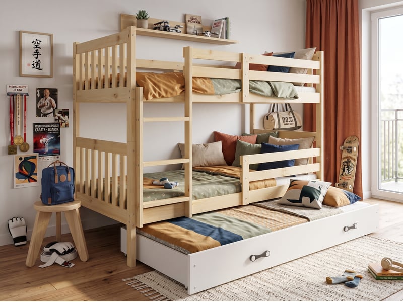  Lit superposé 3 places kacper 90x200 cm + lit tiroir 80x190 cm interbeds - bois massif de pin - pin naturel  - Conforama D