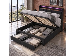 Lit coffre 2 places 140x190 cm avec rangement, lit adulte double, 2 tiroirs, led, port usb, tissu lin gris foncé